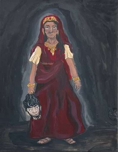 Painting of woman in ancient red dress holding a severed head.