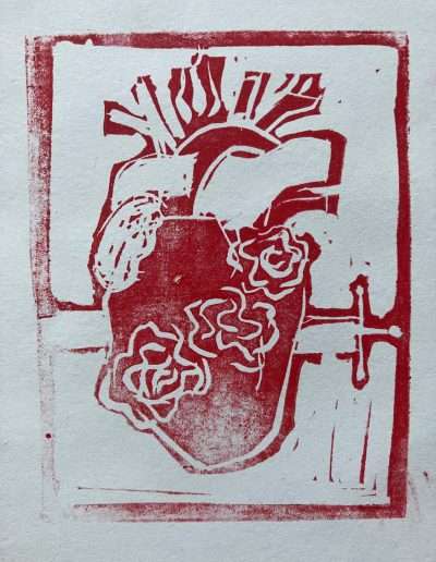 block print of most immaculate heart of Mary in red