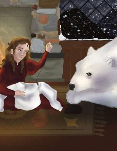 Woman sewing short with polar bear beside her