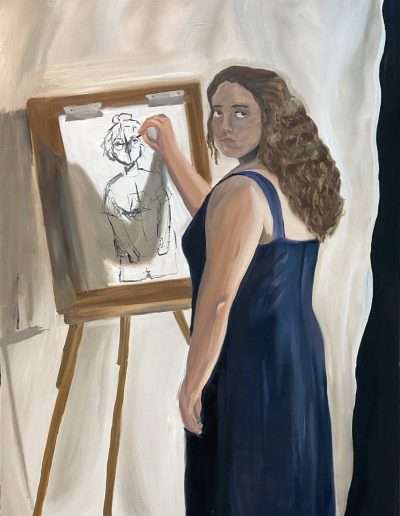 Woman in blue evening dress drawing a rough sketch of a woman in a bun and tee shirt.