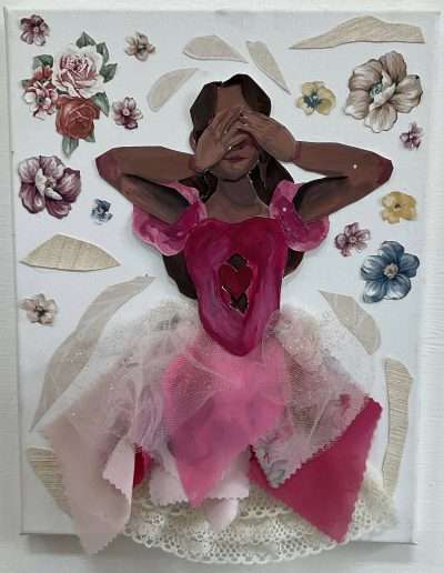 Collage of flustered woman in pink dress covering her face with her hands