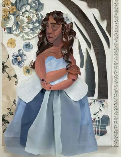 collage of sad looking woman in a blue dress